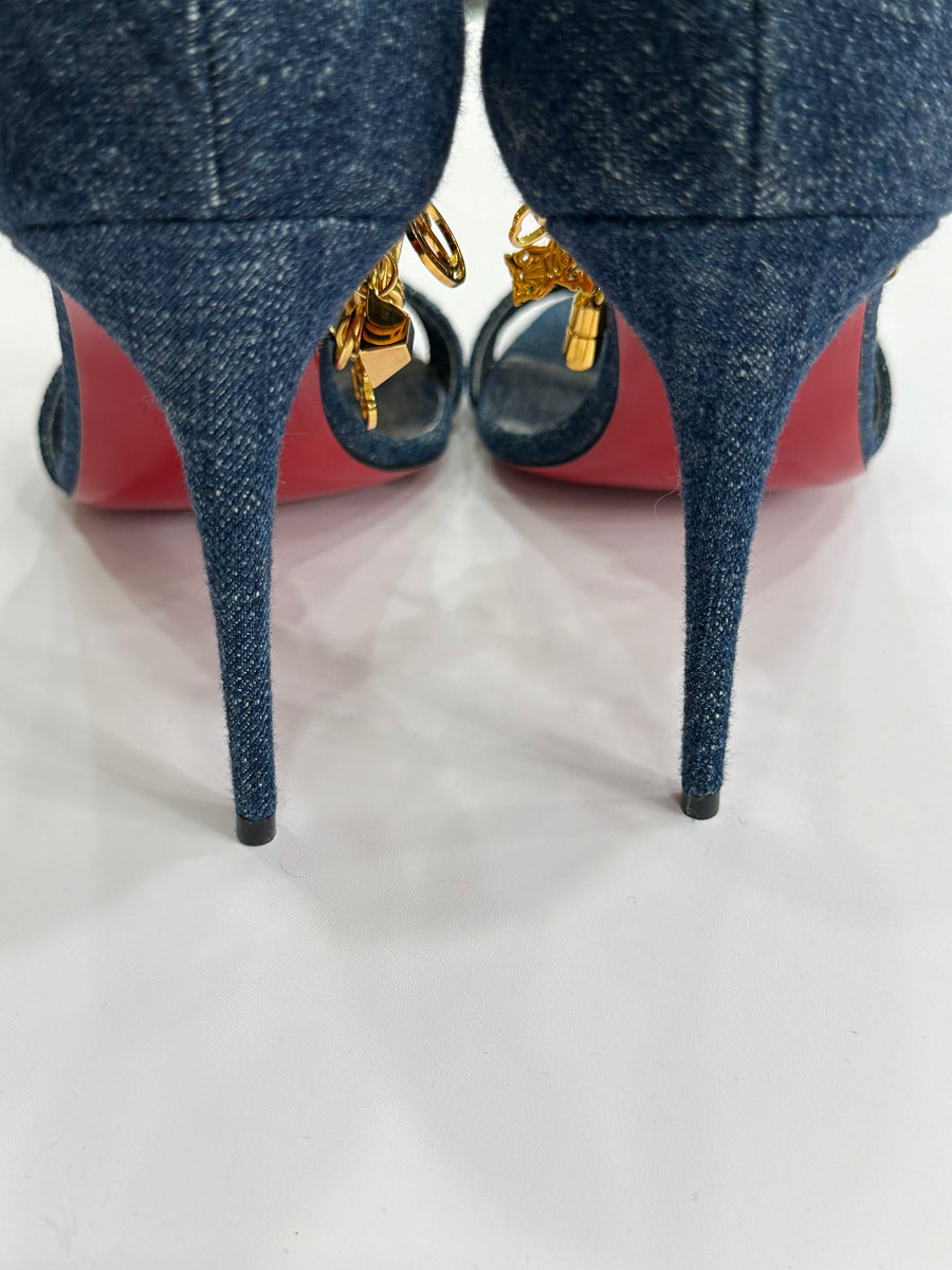 CHRISTIAN LOUBOUTIN Denim Gourmi 100 Sandals 35 Blue Gold