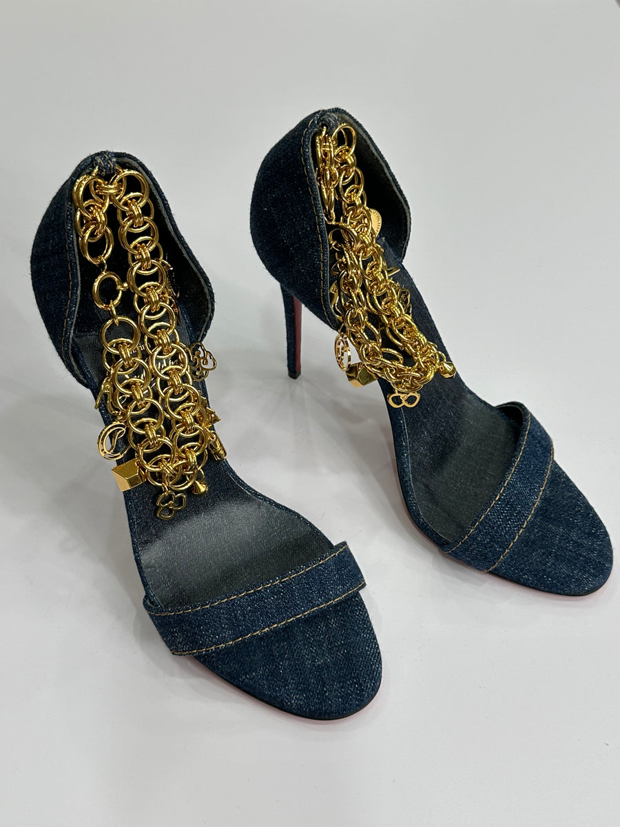 CHRISTIAN LOUBOUTIN Denim Gourmi 100 Sandals 35 Blue Gold